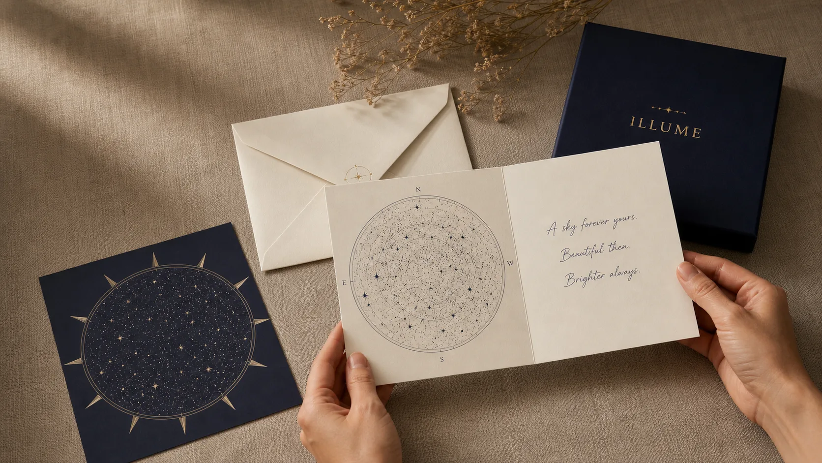 An open Illume star-map card, matching envelope, optional presentation box, and Astronomical Plate Print on warm linen