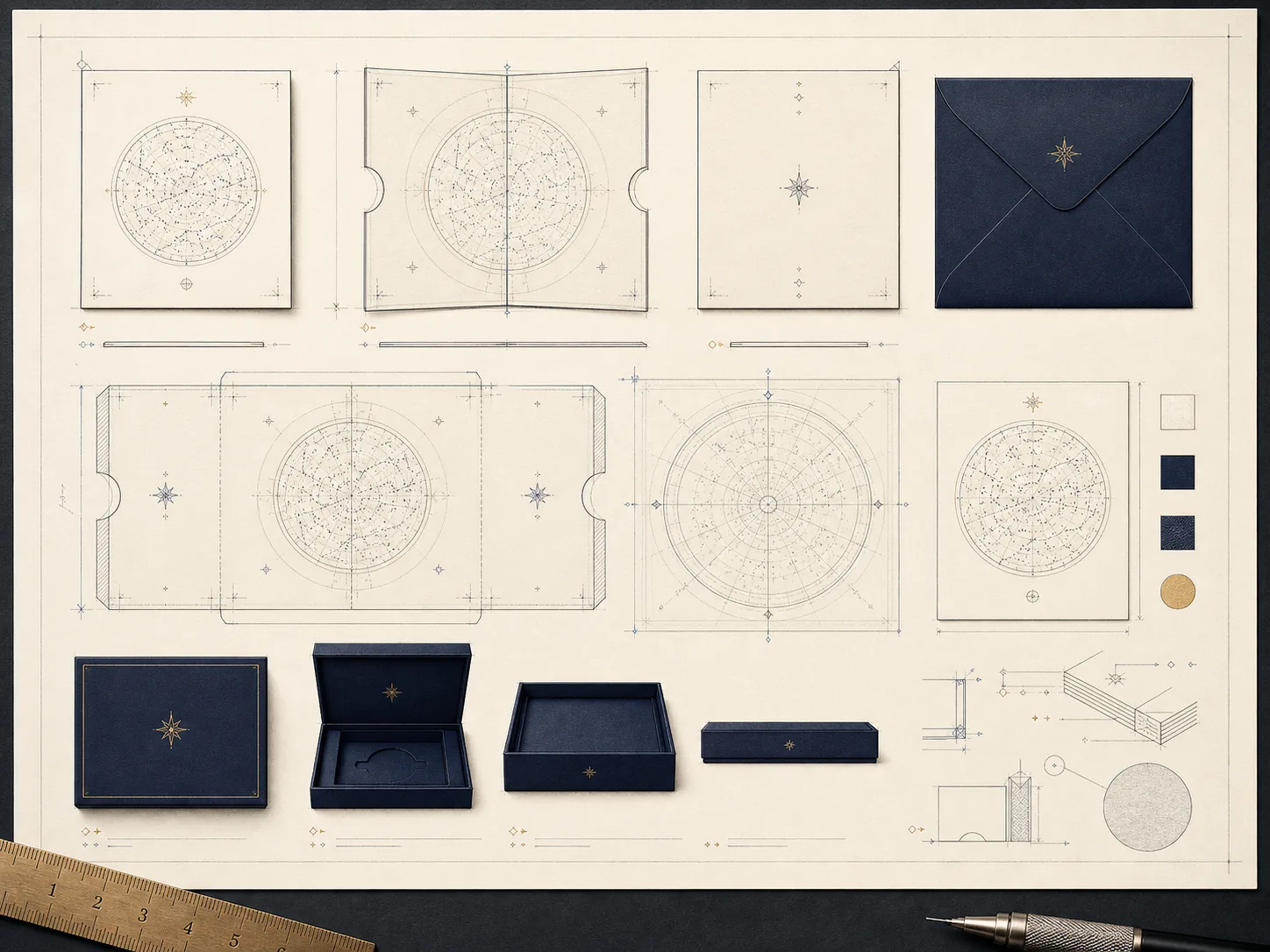 Wireframe construction drawings for the Illume card, envelope, plate, and optional presentation box