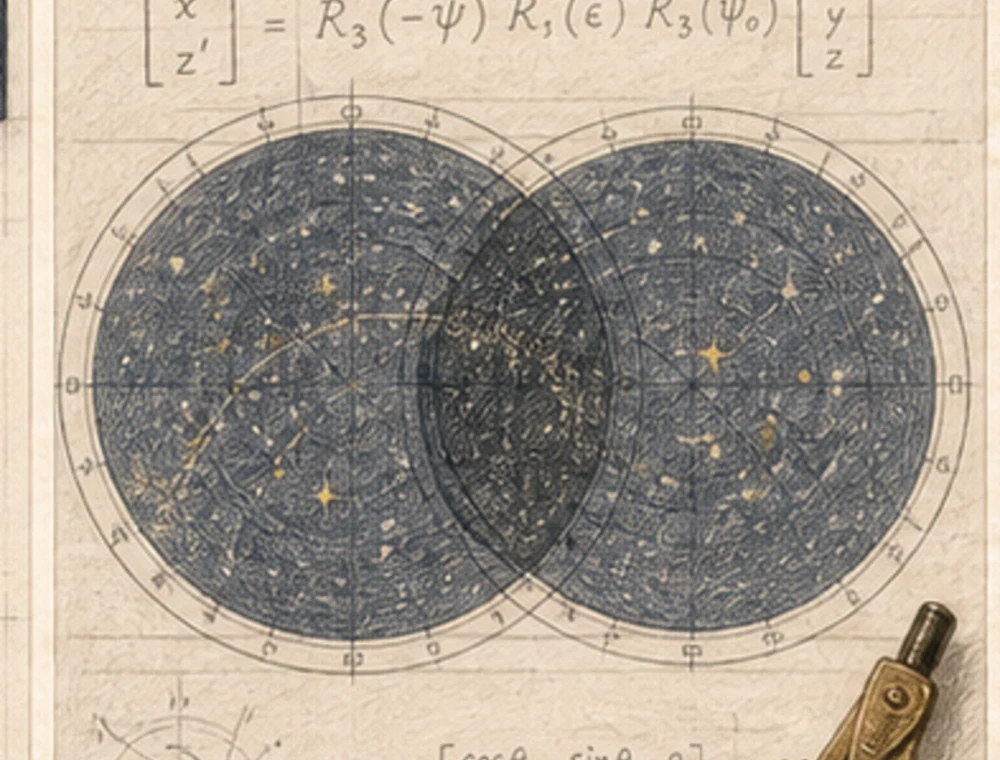 Colored-pencil astronomical equations and overlapping then-and-now star charts