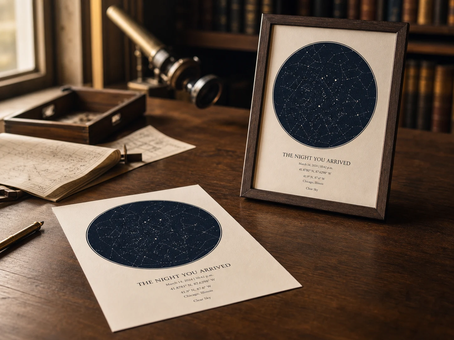 Unframed 5 by 7 Astronomical Plate Print on an observatory desk beside a second copy shown in a walnut frame