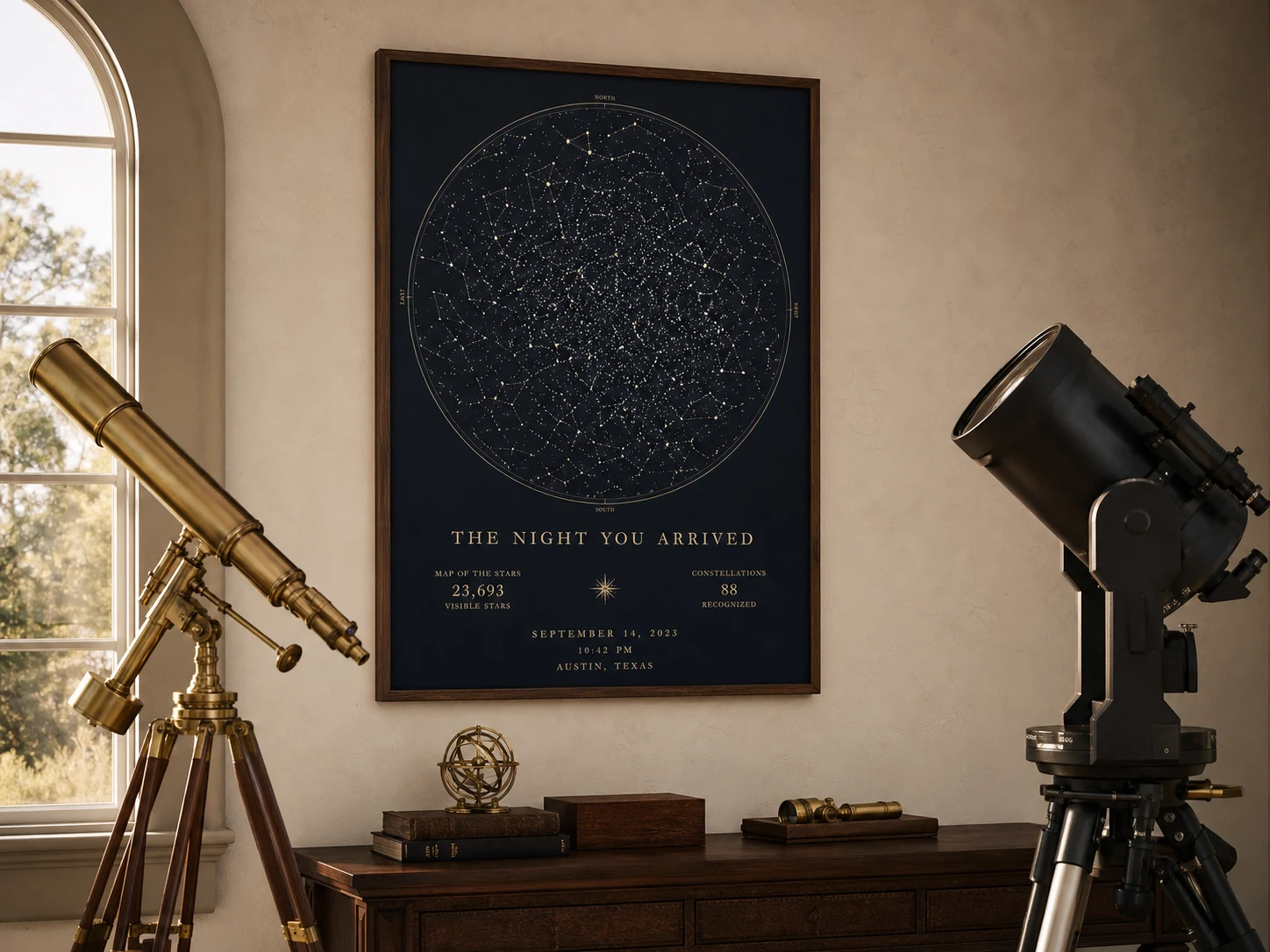 Framed 11 by 17 Astronomical Plate Poster on an observatory wall between two telescopes